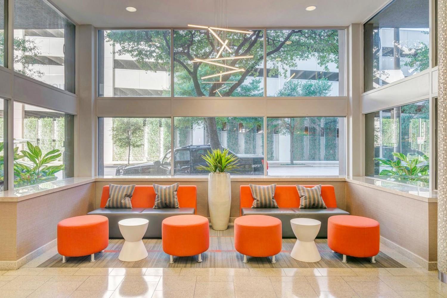 Leasing office lobby with sofas